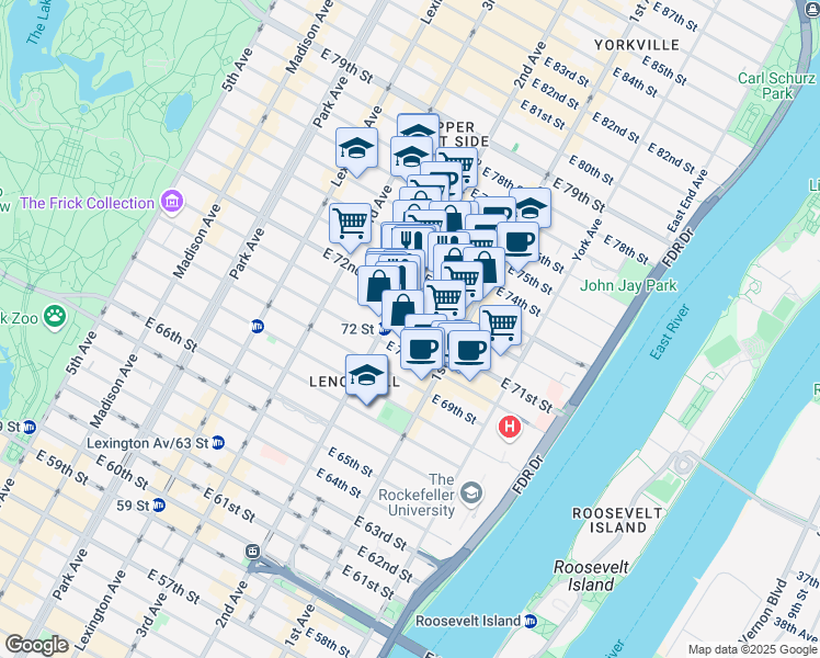 map of restaurants, bars, coffee shops, grocery stores, and more near 309 East 71st Street in New York
