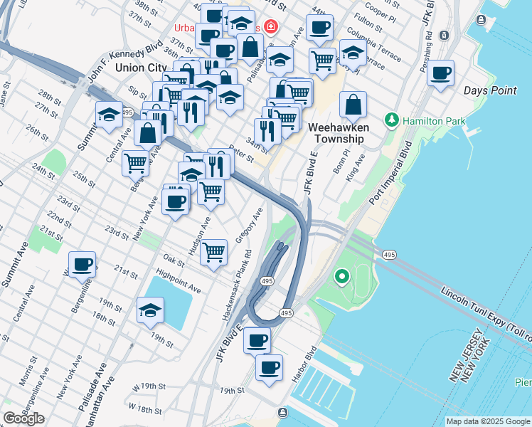 map of restaurants, bars, coffee shops, grocery stores, and more near in Weehawken