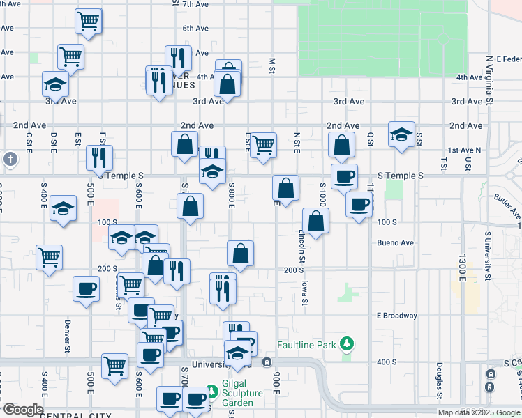 map of restaurants, bars, coffee shops, grocery stores, and more near 777 South Temple in Salt Lake City