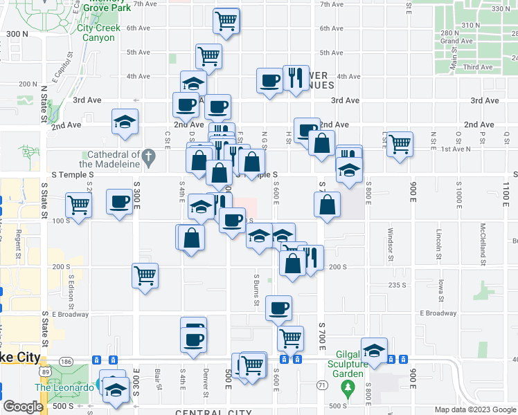 map of restaurants, bars, coffee shops, grocery stores, and more near 34 600 East in Salt Lake City