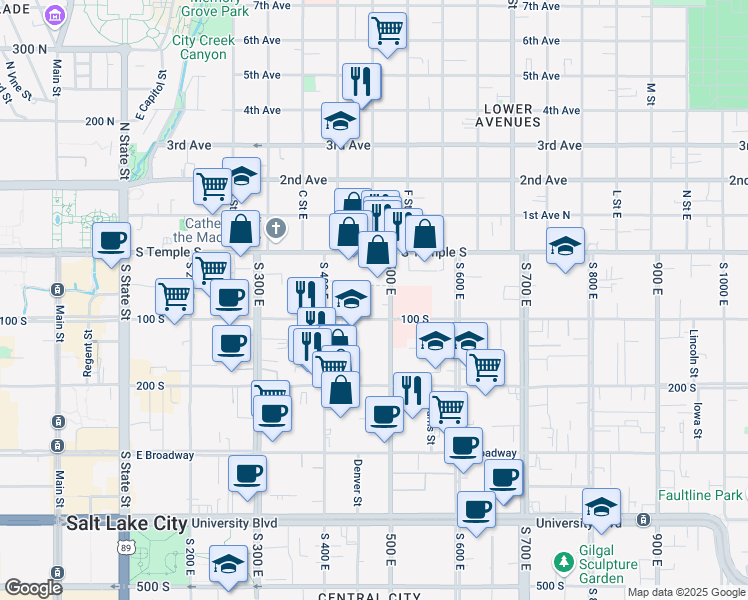map of restaurants, bars, coffee shops, grocery stores, and more near 34 500 East in Salt Lake City