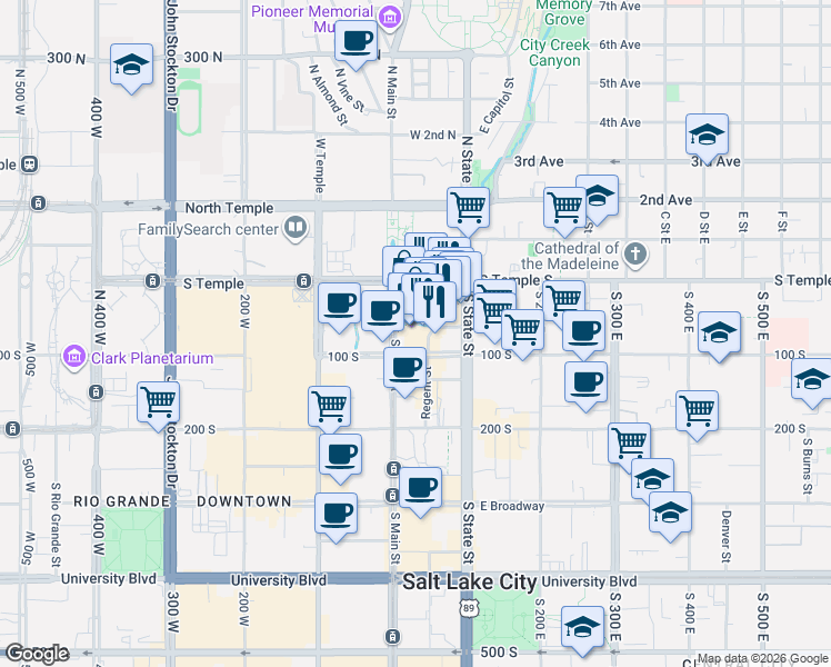 map of restaurants, bars, coffee shops, grocery stores, and more near 35 East 100 South in Salt Lake City