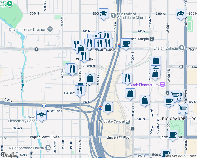 map of restaurants, bars, coffee shops, grocery stores, and more near 45 South 800 West in Salt Lake City