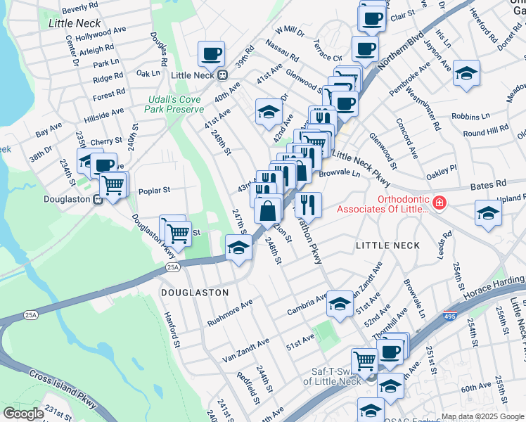 map of restaurants, bars, coffee shops, grocery stores, and more near 43-29 249th Street in Queens