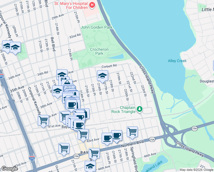 map of restaurants, bars, coffee shops, grocery stores, and more near 36-18 217th Street in Queens