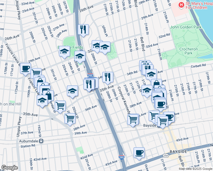 map of restaurants, bars, coffee shops, grocery stores, and more near 208-02 34th Avenue in Queens