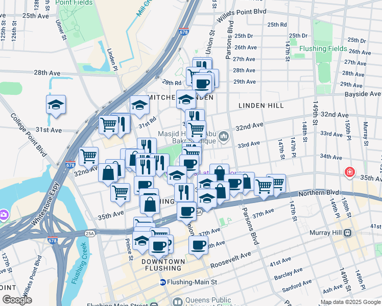 map of restaurants, bars, coffee shops, grocery stores, and more near 140-01 32nd Avenue in Queens