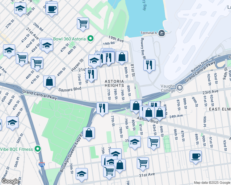 map of restaurants, bars, coffee shops, grocery stores, and more near in Queens