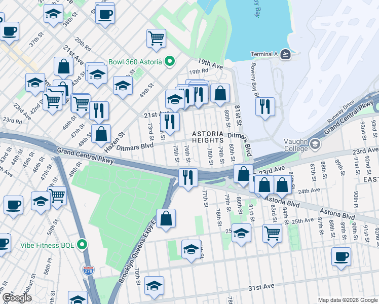 map of restaurants, bars, coffee shops, grocery stores, and more near 22-27 76th Street in Queens