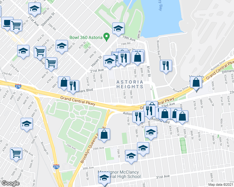 map of restaurants, bars, coffee shops, grocery stores, and more near in Queens