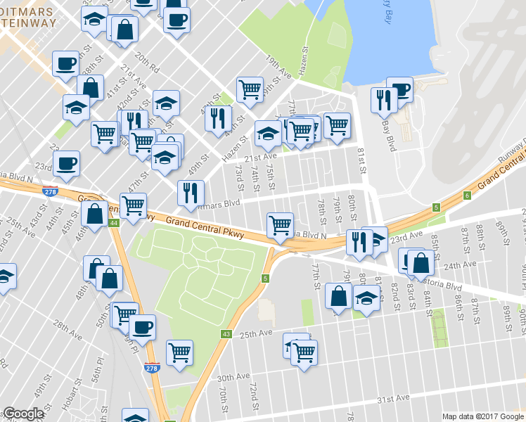 map of restaurants, bars, coffee shops, grocery stores, and more near 74-19 Ditmars Boulevard in Queens