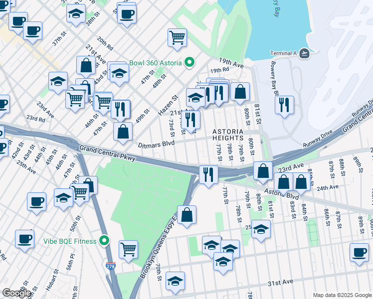 map of restaurants, bars, coffee shops, grocery stores, and more near 74-19 Ditmars Boulevard in Queens