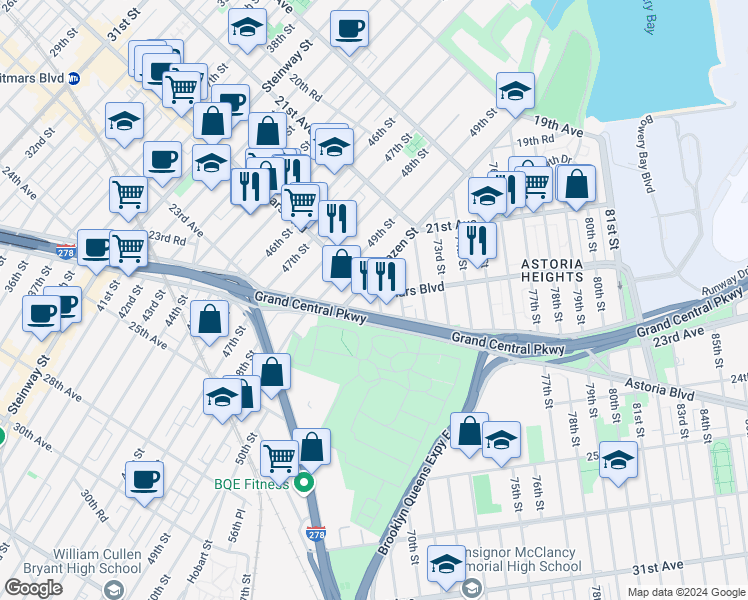 map of restaurants, bars, coffee shops, grocery stores, and more near 21-63 Hazen Street in Queens