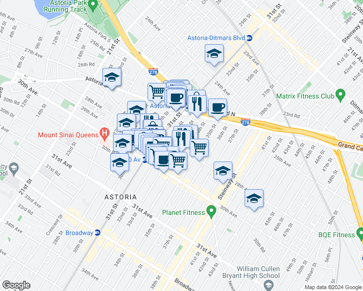 map of restaurants, bars, coffee shops, grocery stores, and more near 3305 28th Avenue in Queens