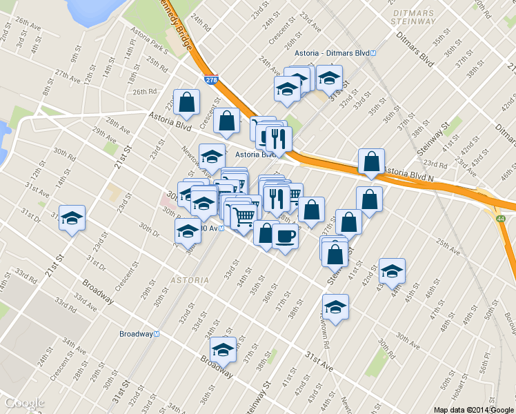 map of restaurants, bars, coffee shops, grocery stores, and more near 25-55 32nd Street in Queens