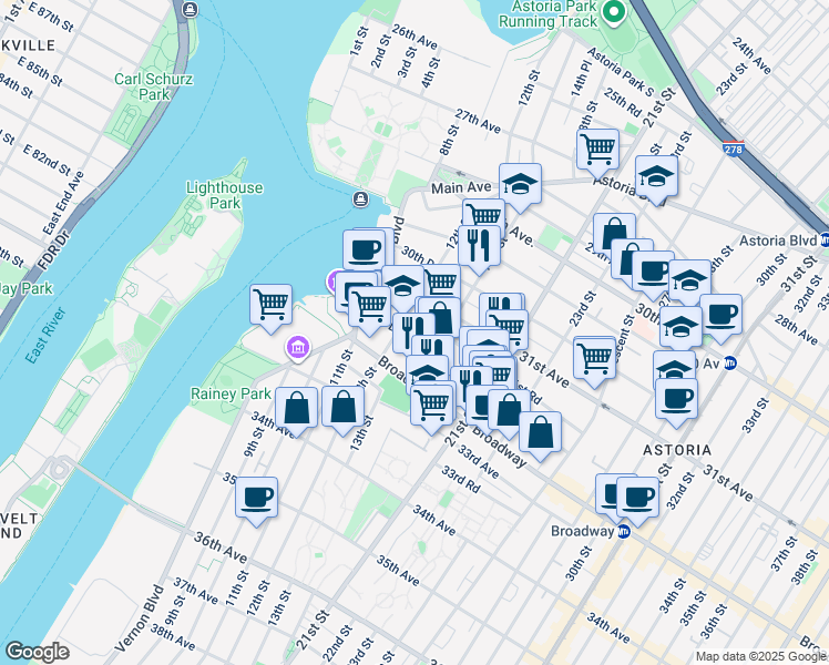 map of restaurants, bars, coffee shops, grocery stores, and more near 12-04 31st Avenue in Queens