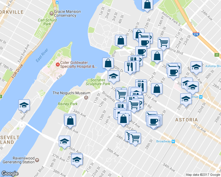 map of restaurants, bars, coffee shops, grocery stores, and more near 11-21 31st Drive in Queens