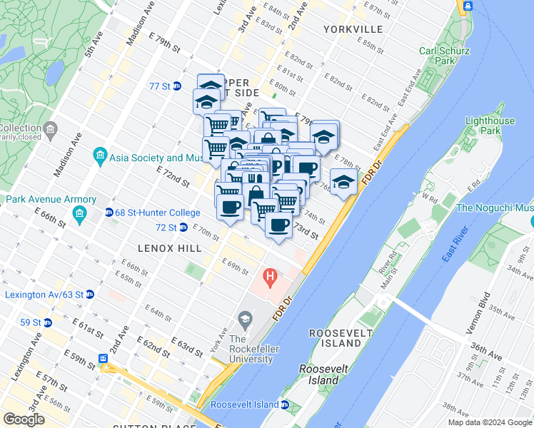 map of restaurants, bars, coffee shops, grocery stores, and more near 402 East 74th Street in New York