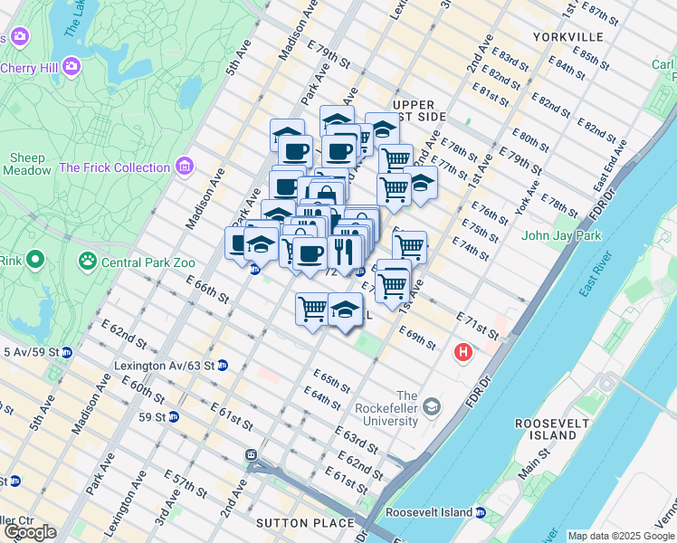 map of restaurants, bars, coffee shops, grocery stores, and more near 219 East 71st Street in New York