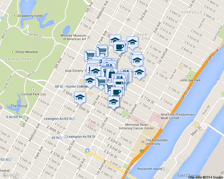 map of restaurants, bars, coffee shops, grocery stores, and more near 219 East 71st Street in New York