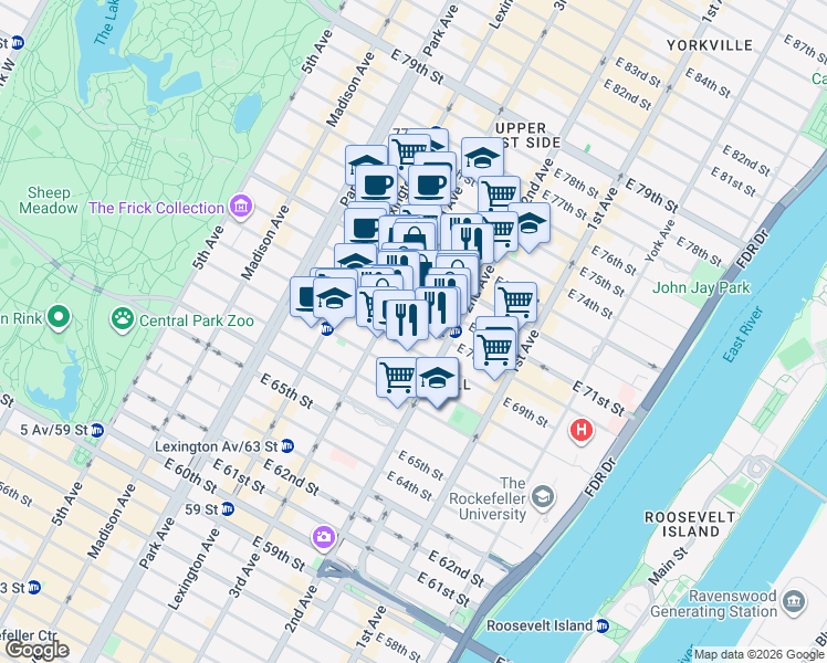 map of restaurants, bars, coffee shops, grocery stores, and more near 219 East 71st Street in New York