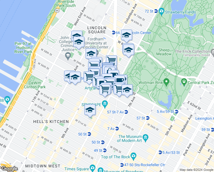 map of restaurants, bars, coffee shops, grocery stores, and more near in New York