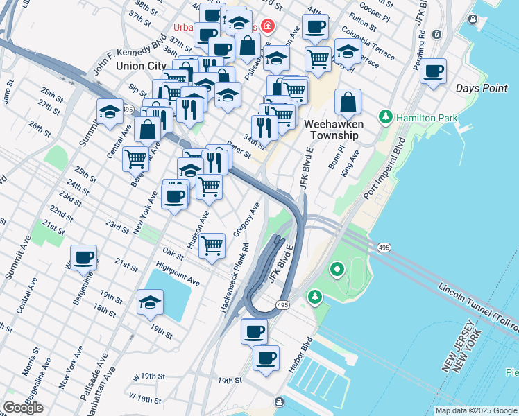 map of restaurants, bars, coffee shops, grocery stores, and more near in Weehawken