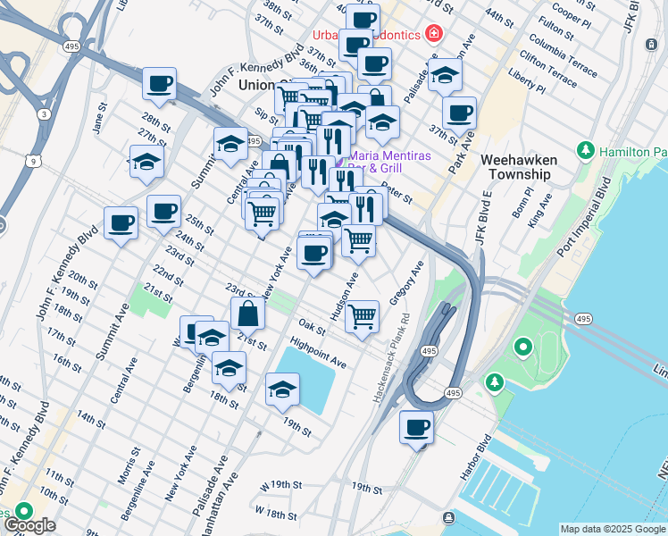 map of restaurants, bars, coffee shops, grocery stores, and more near in Weehawken