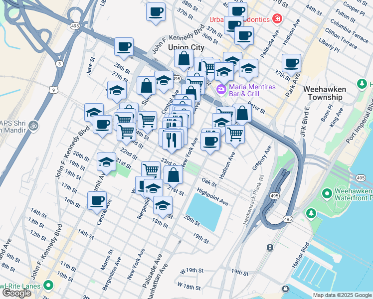 map of restaurants, bars, coffee shops, grocery stores, and more near 2601A Bergenline Avenue in Union City