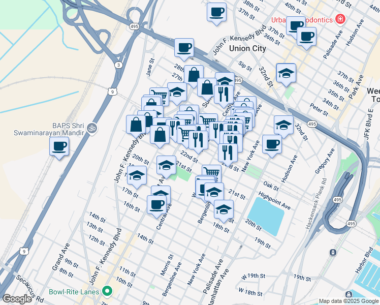 map of restaurants, bars, coffee shops, grocery stores, and more near in Union City