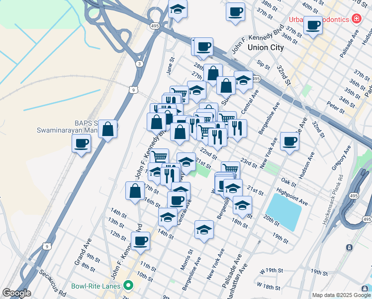 map of restaurants, bars, coffee shops, grocery stores, and more near 825 22nd Street in Union City