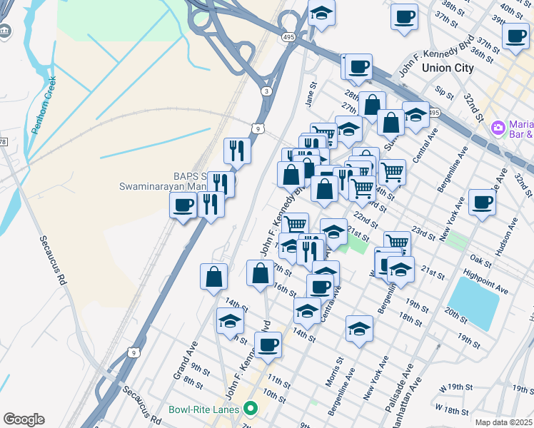 map of restaurants, bars, coffee shops, grocery stores, and more near 2004 Grand Avenue in North Bergen