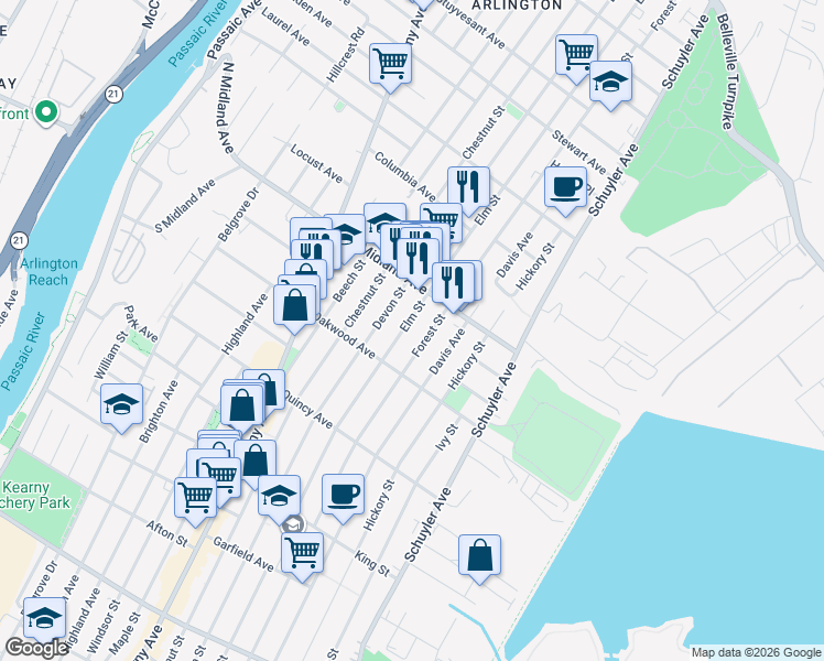 map of restaurants, bars, coffee shops, grocery stores, and more near 441 Elm Street in Kearny