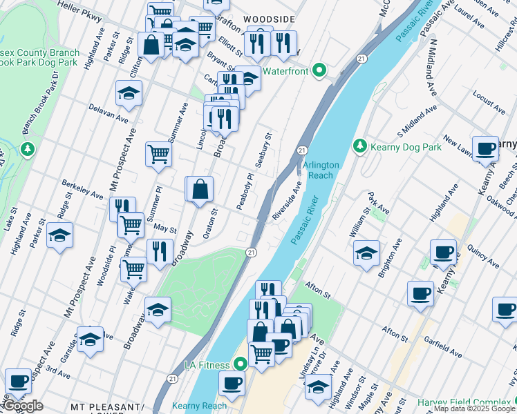 map of restaurants, bars, coffee shops, grocery stores, and more near 33 Triton Terrace in Newark