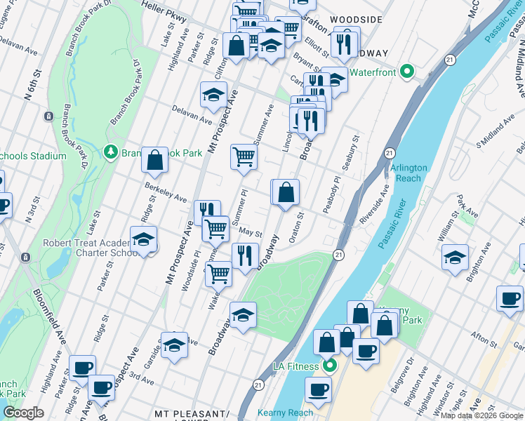 map of restaurants, bars, coffee shops, grocery stores, and more near 96 Lincoln Avenue in Newark