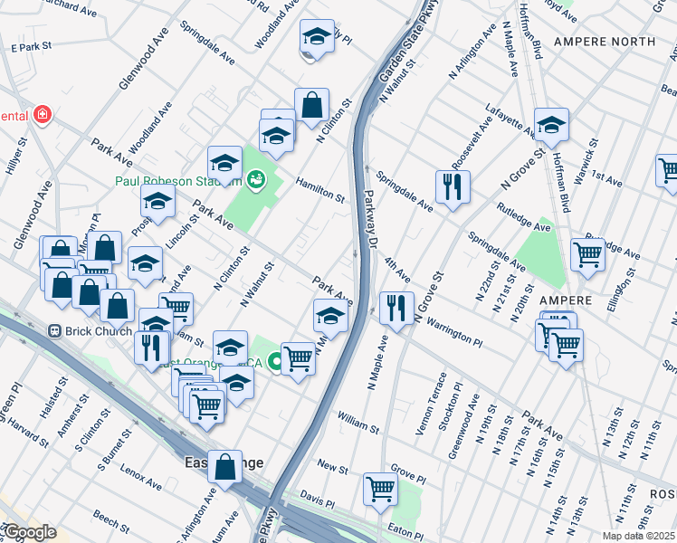 map of restaurants, bars, coffee shops, grocery stores, and more near 246 North Arlington Avenue in East Orange