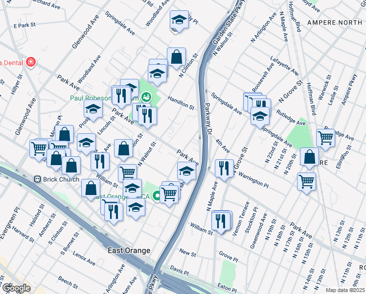 map of restaurants, bars, coffee shops, grocery stores, and more near 225 North Arlington Avenue in East Orange