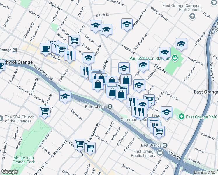 map of restaurants, bars, coffee shops, grocery stores, and more near 22 Washington Street in East Orange