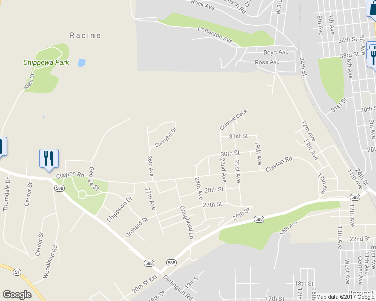 map of restaurants, bars, coffee shops, grocery stores, and more near 3001 24th Avenue in Beaver Falls