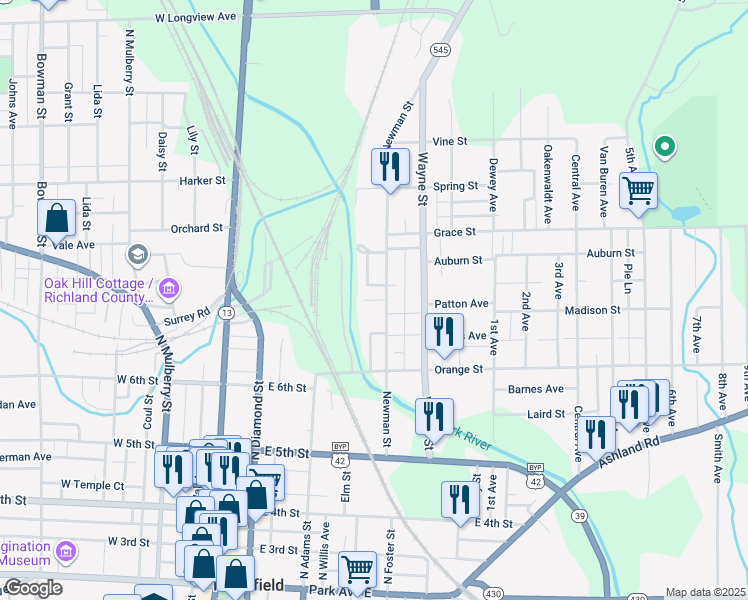 map of restaurants, bars, coffee shops, grocery stores, and more near 376 Buffalo Street in Mansfield