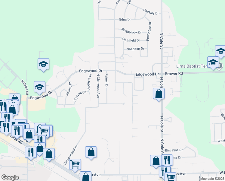 map of restaurants, bars, coffee shops, grocery stores, and more near 2145 Kimberly Drive in Lima