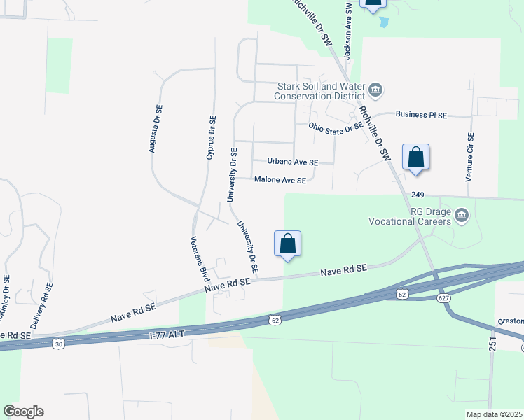 map of restaurants, bars, coffee shops, grocery stores, and more near 2550 University Drive Southeast in Massillon