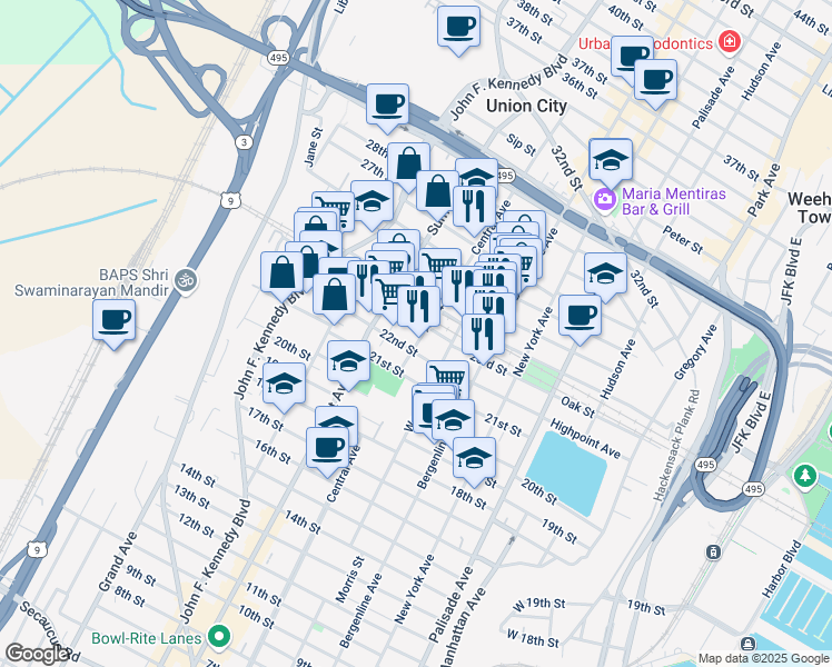 map of restaurants, bars, coffee shops, grocery stores, and more near 2211 Central Avenue in Union City