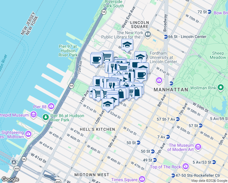 map of restaurants, bars, coffee shops, grocery stores, and more near 10th Ave & W 55th St in New York