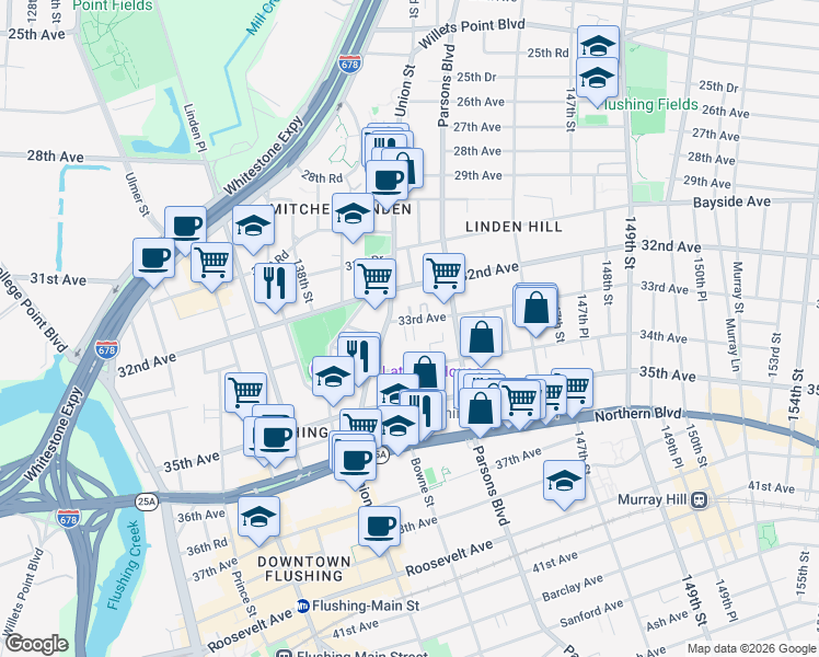 map of restaurants, bars, coffee shops, grocery stores, and more near 141-41 33rd Avenue in Queens