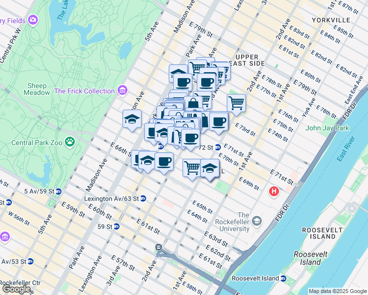 map of restaurants, bars, coffee shops, grocery stores, and more near 3rd Ave & E 69th St in New York