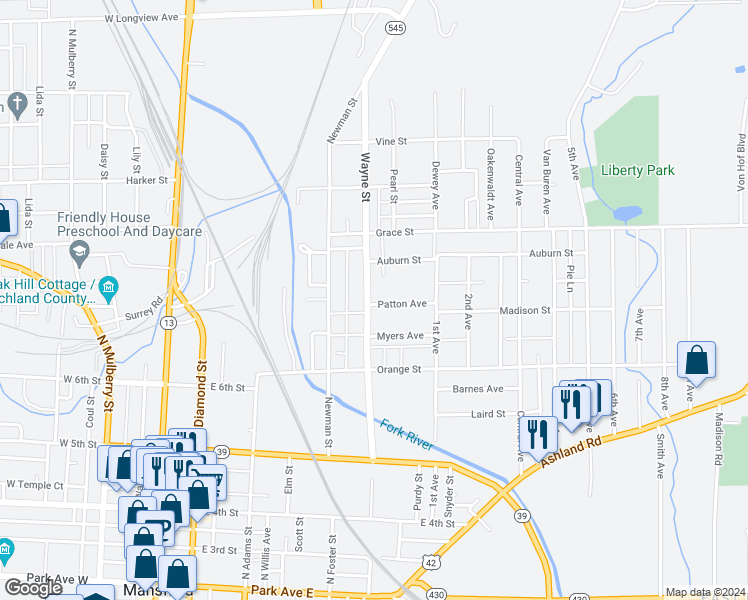 map of restaurants, bars, coffee shops, grocery stores, and more near 354 Wayne Street in Mansfield