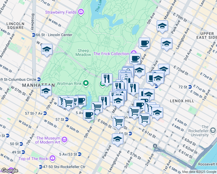 map of restaurants, bars, coffee shops, grocery stores, and more near East 64th Street in New York