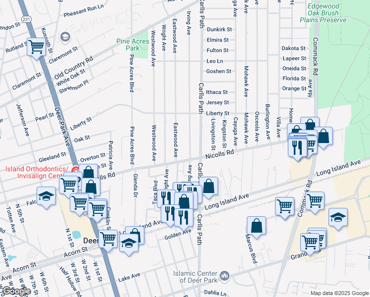 map of restaurants, bars, coffee shops, grocery stores, and more near 125 Irving Avenue in Deer Park