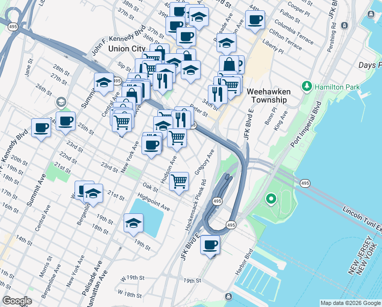 map of restaurants, bars, coffee shops, grocery stores, and more near 562 Hudson Avenue in Weehawken